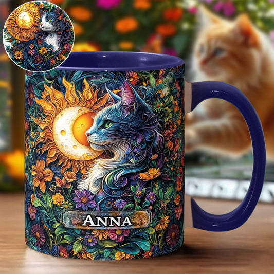 Personalisierte Tasse mit Katzenmotiv und Blumenmuster