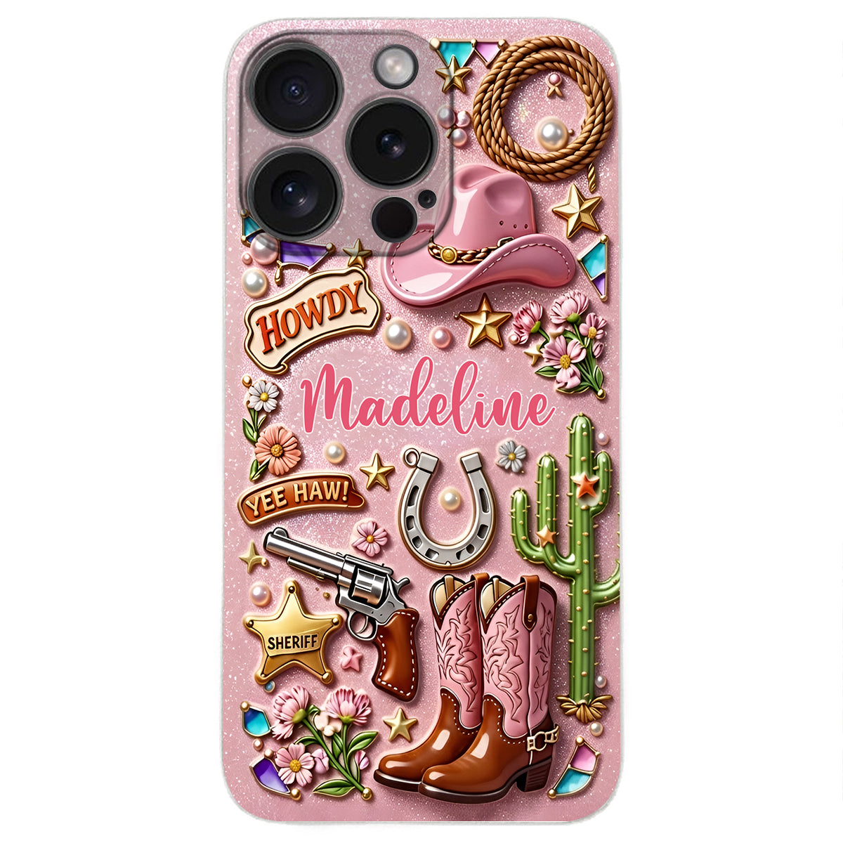 Cowgirl Gift, Whimsical Wild West Western - Personalized Cowgirl 3D Embossed Leather Phone Case