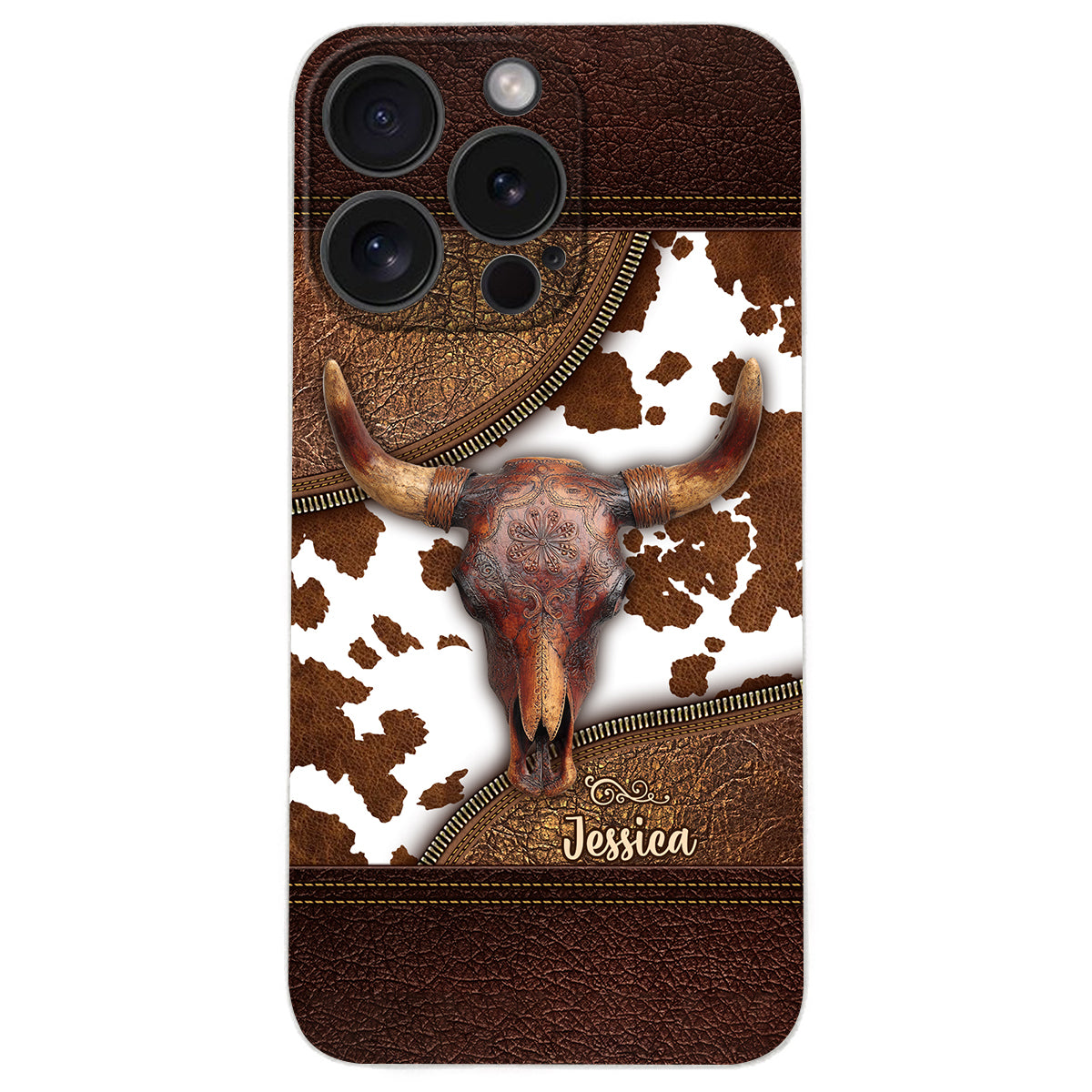 Skeleton Bull Skull - Personalized Western Leather Phone Case