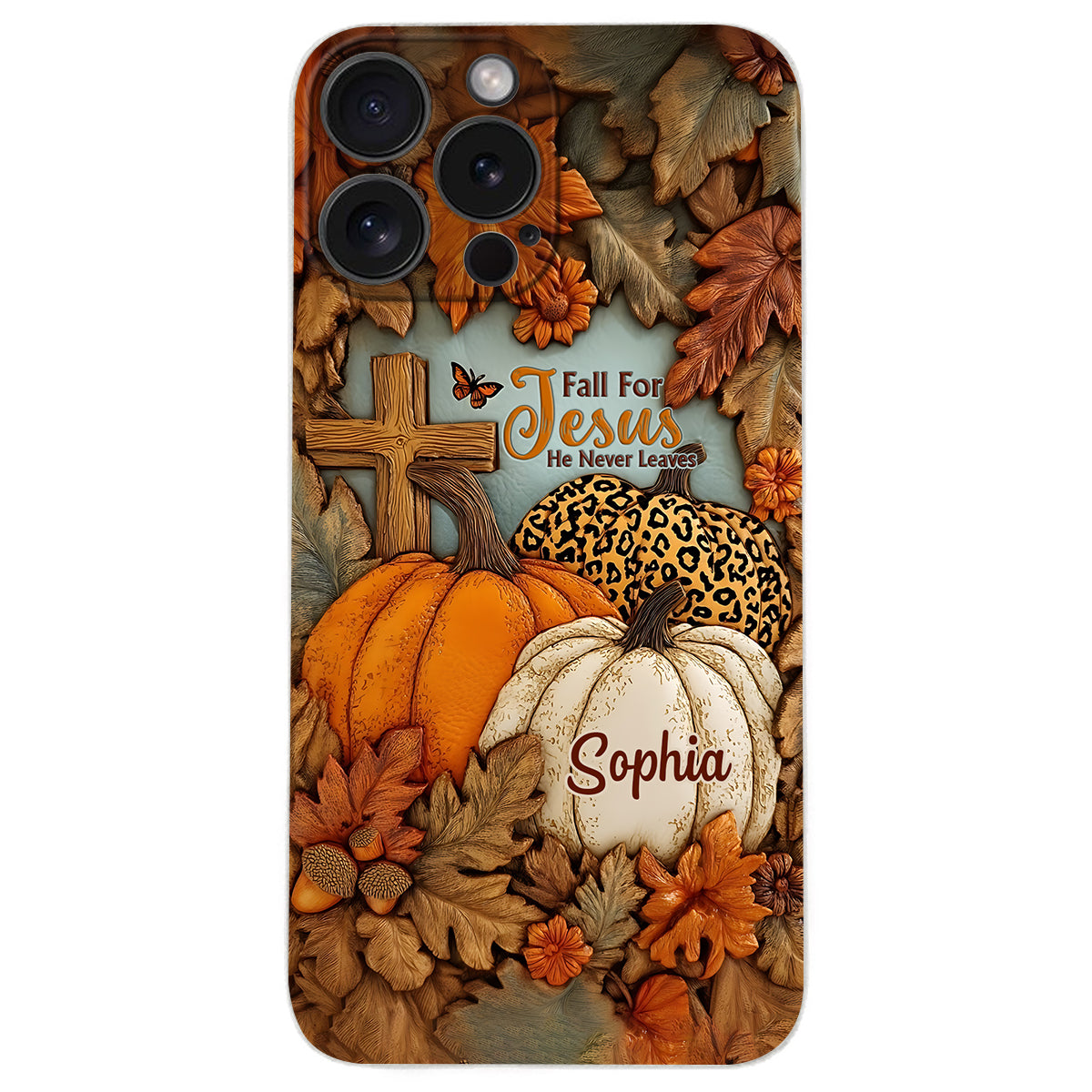Fall for Jesus, He Never Leaves - Personalized Christian Leather Phone Case