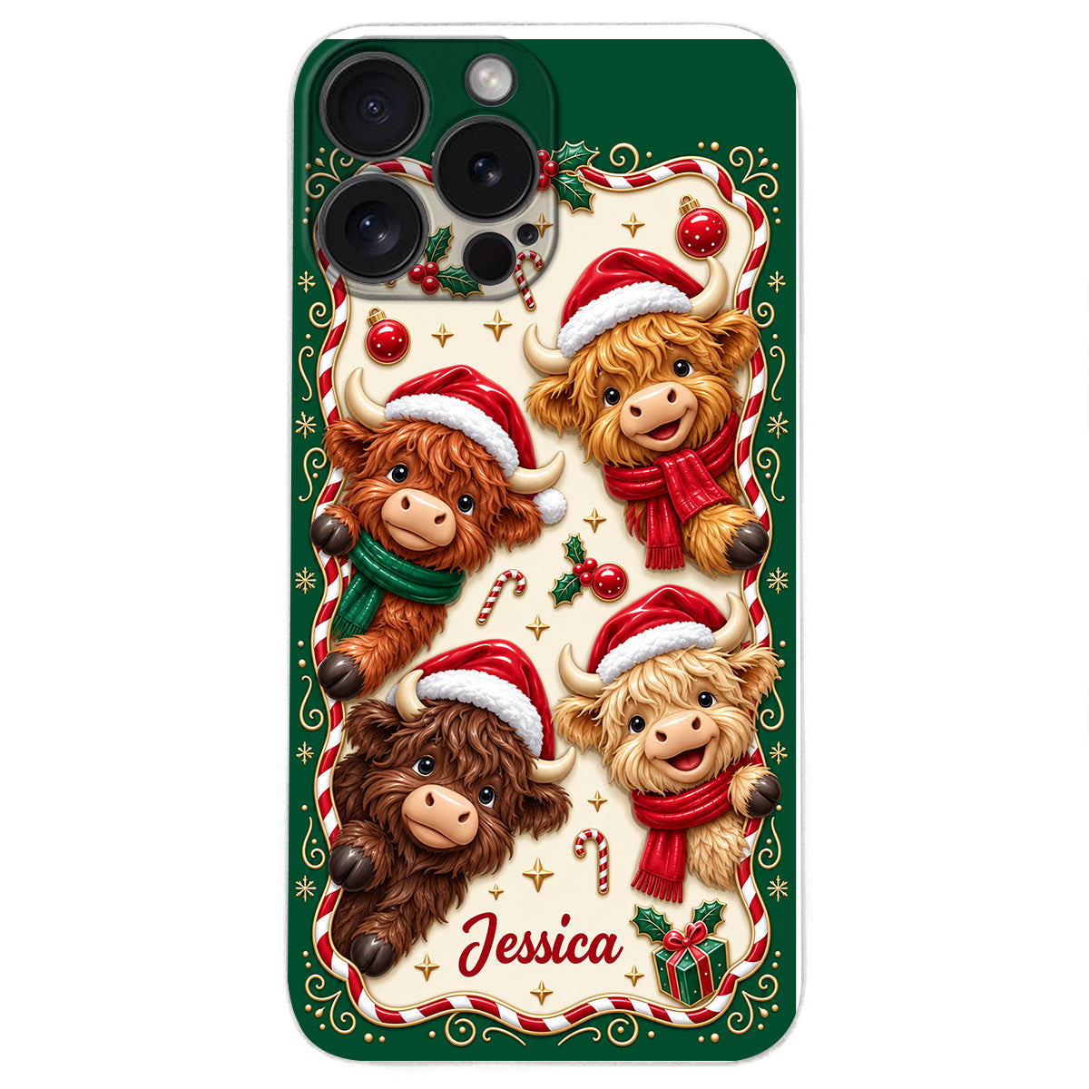 Merry Christmas Cute Highland Cows - Personalized Highland Cow 3D Embossed Leather Phone Case
