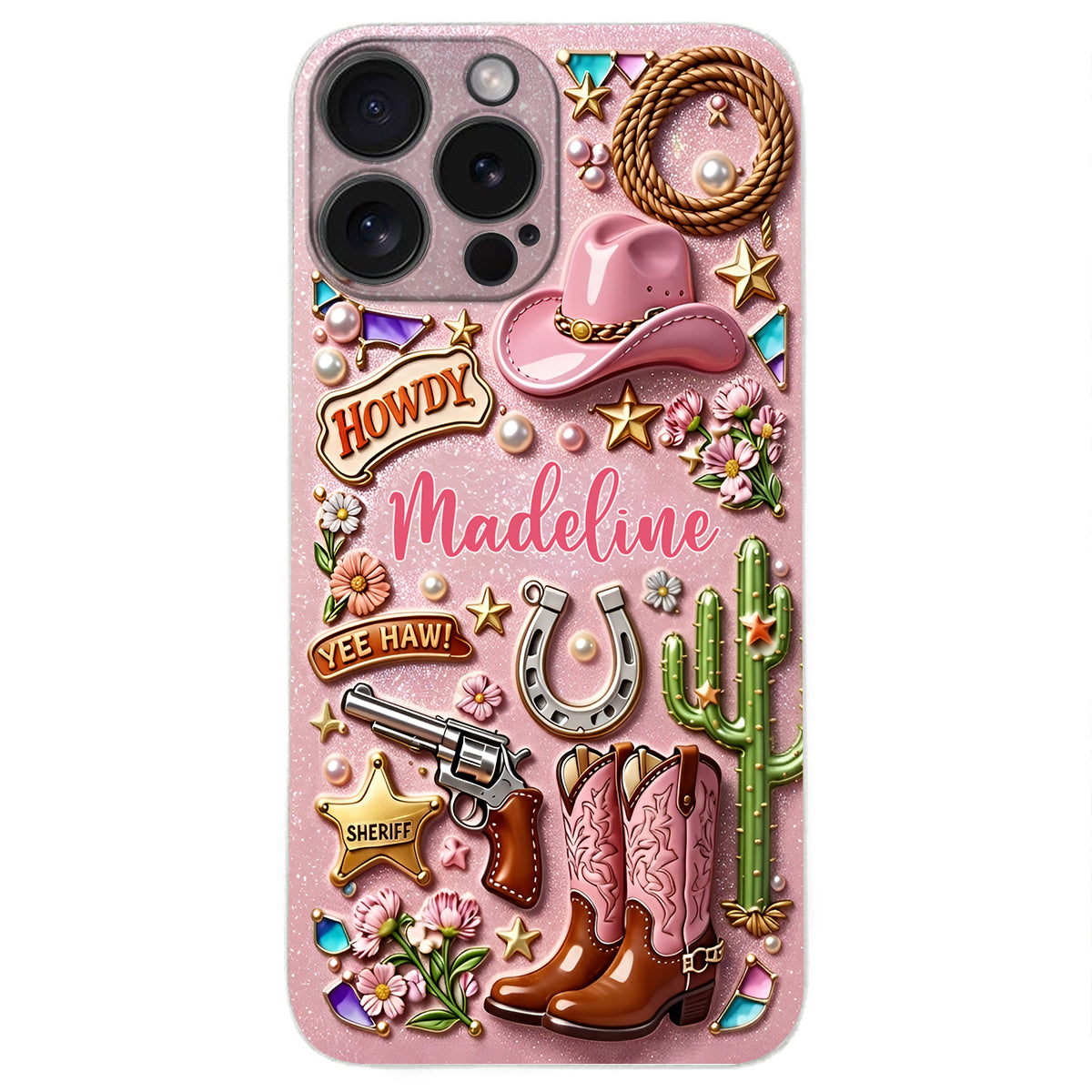 Cowgirl Gift, Whimsical Wild West Western - Personalized Cowgirl 3D Embossed Leather Phone Case