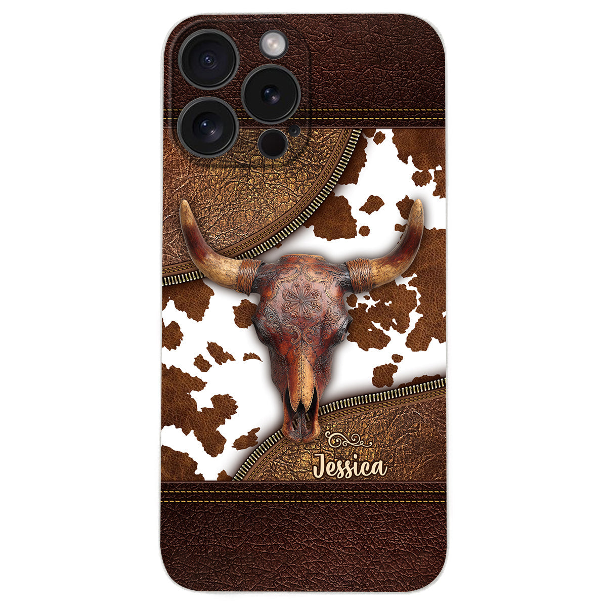 Skeleton Bull Skull - Personalized Western Leather Phone Case