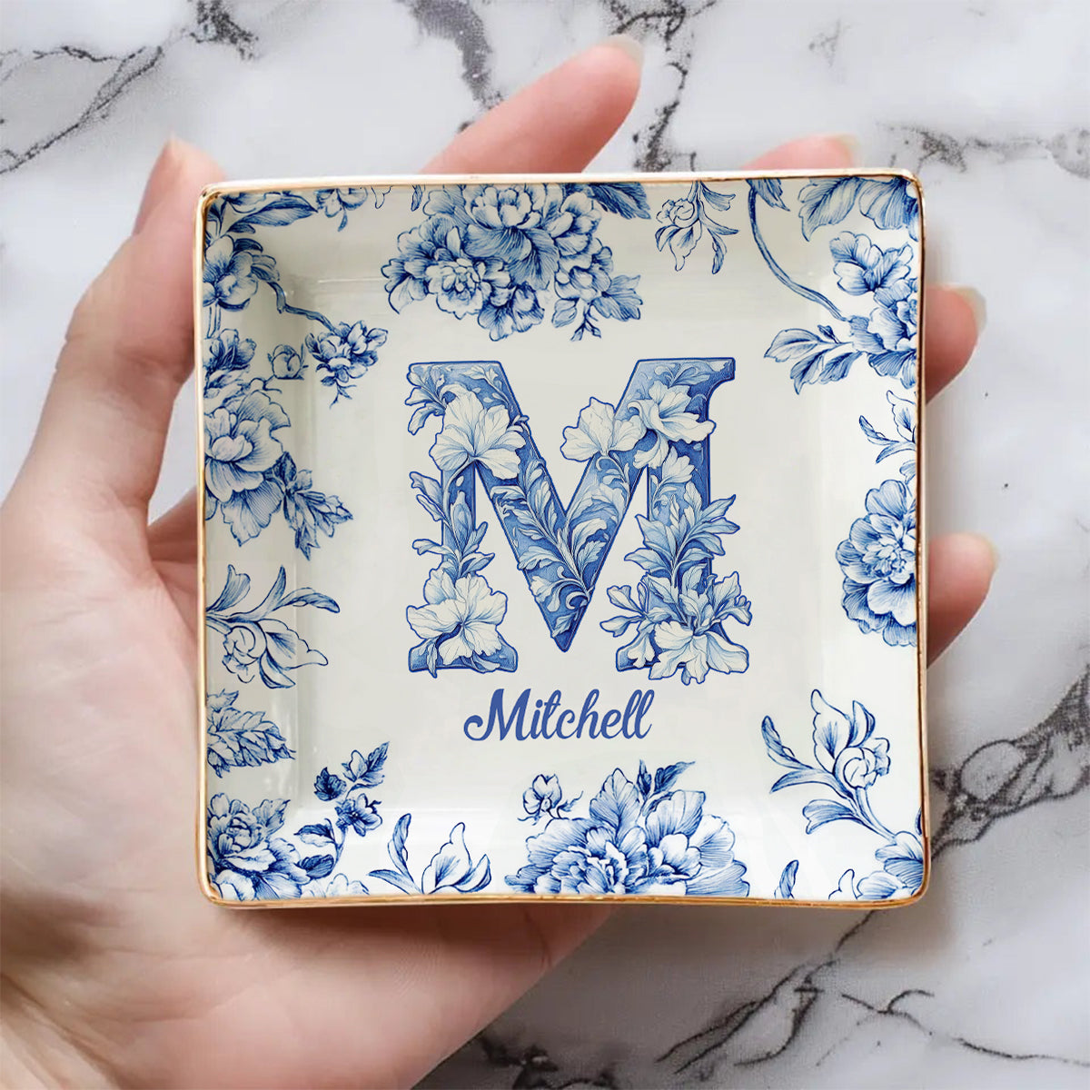 Blue & Pink Floral Toil Letter - Personalized Gift For Friend Fully Printed Jewelry Dish