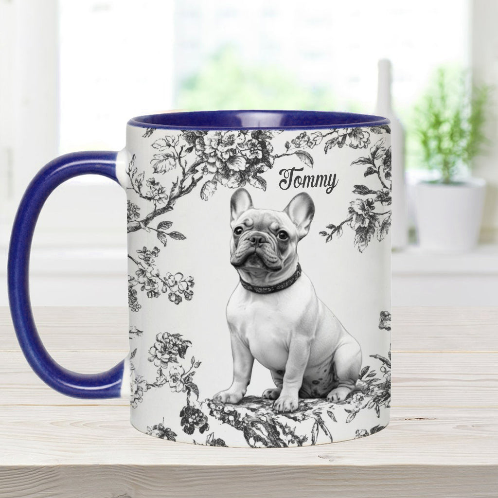 Personalisierte Tasse mit Hundemotiv und individuellem Welpenfoto im Toile-de-Jouy-Stil