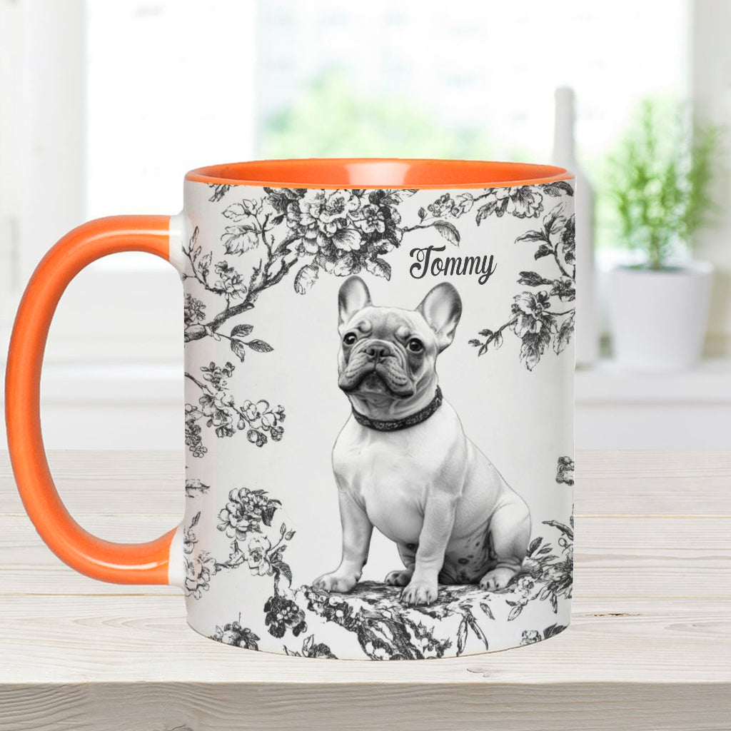 Personalisierte Tasse mit Hundemotiv und individuellem Welpenfoto im Toile-de-Jouy-Stil