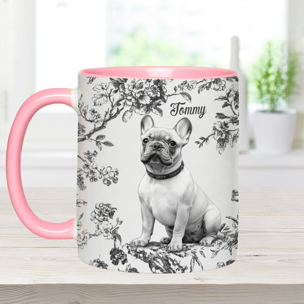 Personalisierte Tasse mit Hundemotiv und individuellem Welpenfoto im Toile-de-Jouy-Stil
