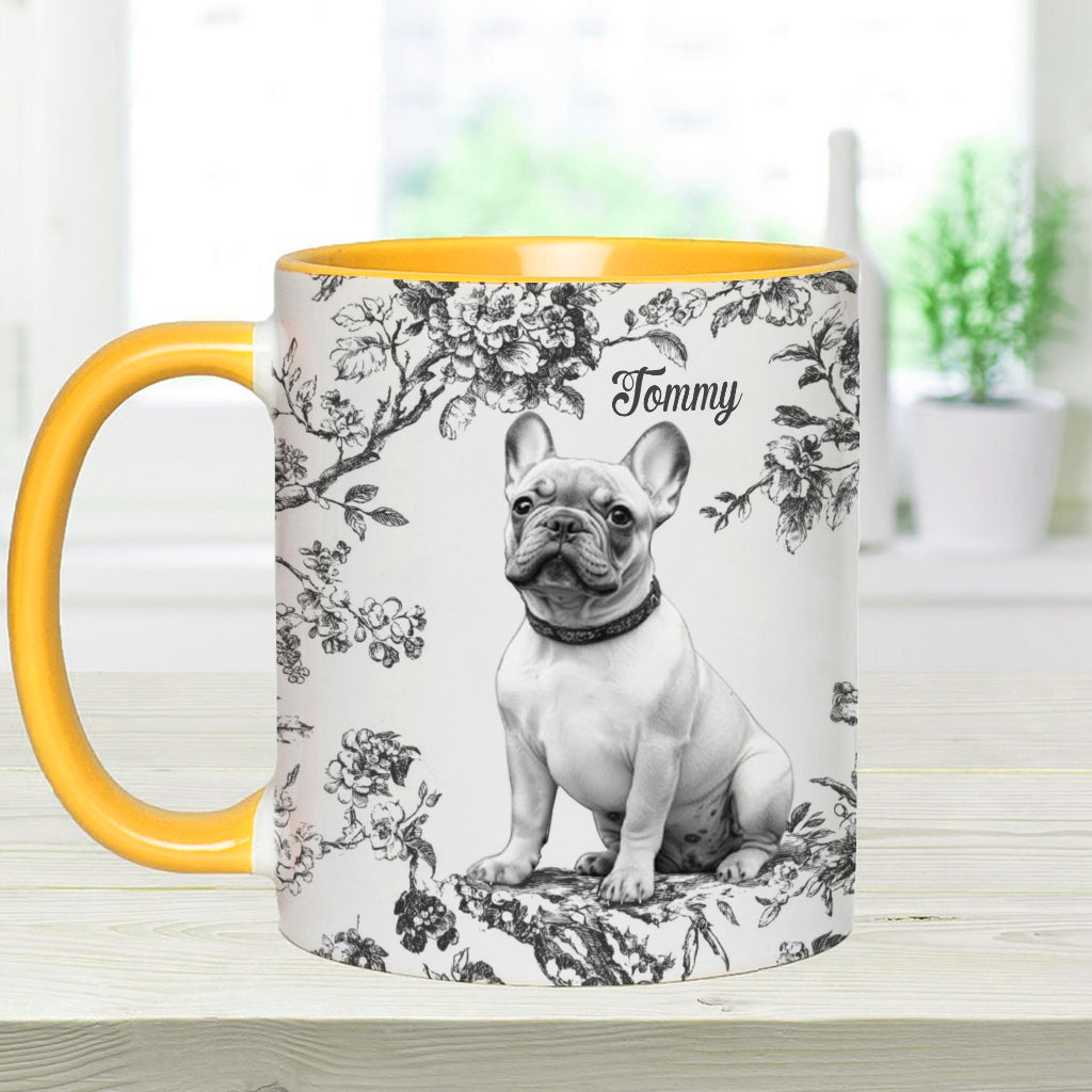 Personalisierte Tasse mit Hundemotiv und individuellem Welpenfoto im Toile-de-Jouy-Stil