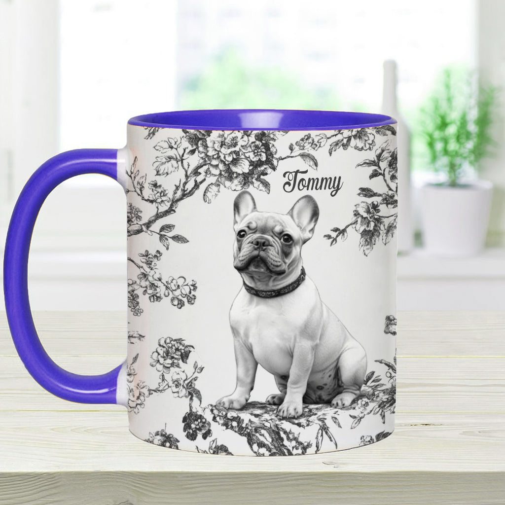 Personalisierte Tasse mit Hundemotiv und individuellem Welpenfoto im Toile-de-Jouy-Stil