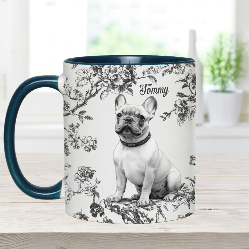 Personalisierte Tasse mit Hundemotiv und individuellem Welpenfoto im Toile-de-Jouy-Stil