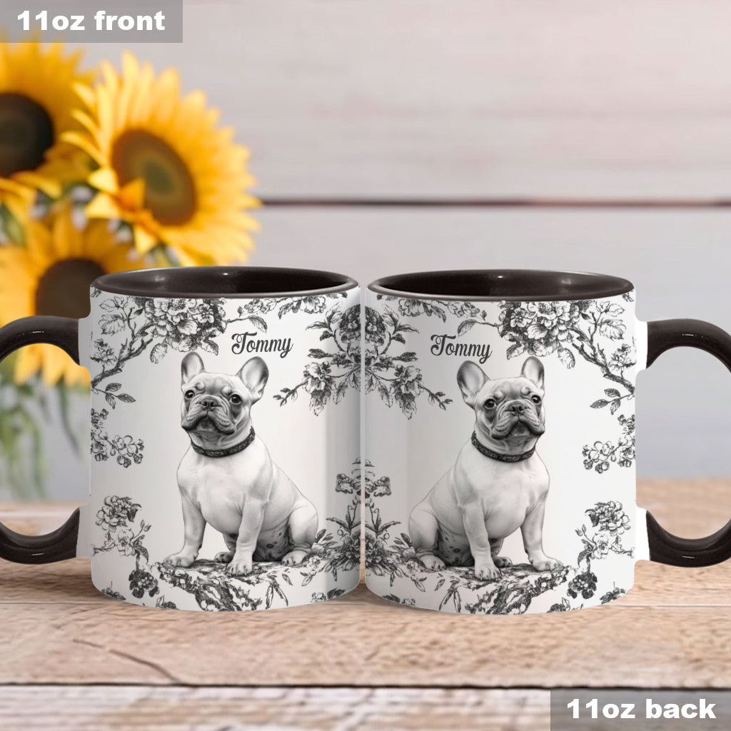 Personalisierte Tasse mit Hundemotiv und individuellem Welpenfoto im Toile-de-Jouy-Stil
