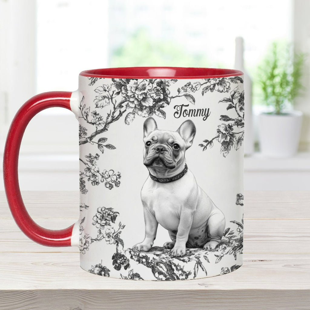 Personalisierte Tasse mit Hundemotiv und individuellem Welpenfoto im Toile-de-Jouy-Stil