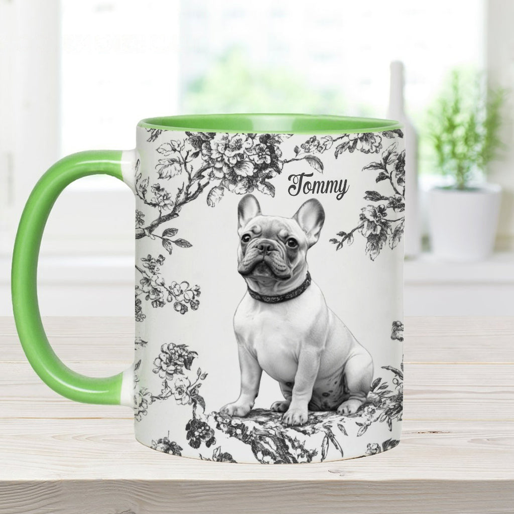 Personalisierte Tasse mit Hundemotiv und individuellem Welpenfoto im Toile-de-Jouy-Stil