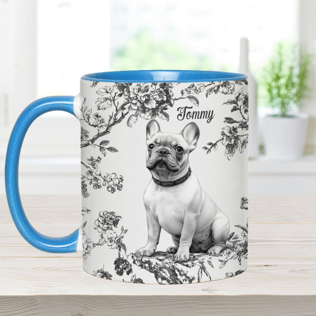 Personalisierte Tasse mit Hundemotiv und individuellem Welpenfoto im Toile-de-Jouy-Stil