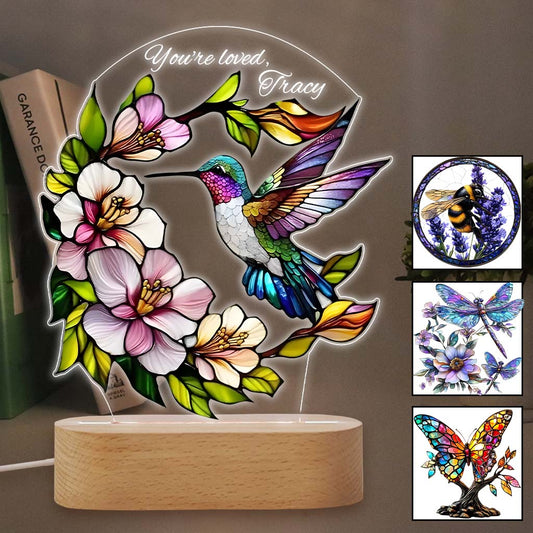 Naturliebhaber Schmetterling Libelle Biene Kolibri - Personalisierte, gartenfreundliche Leuchtplatte in Form einer Plakette