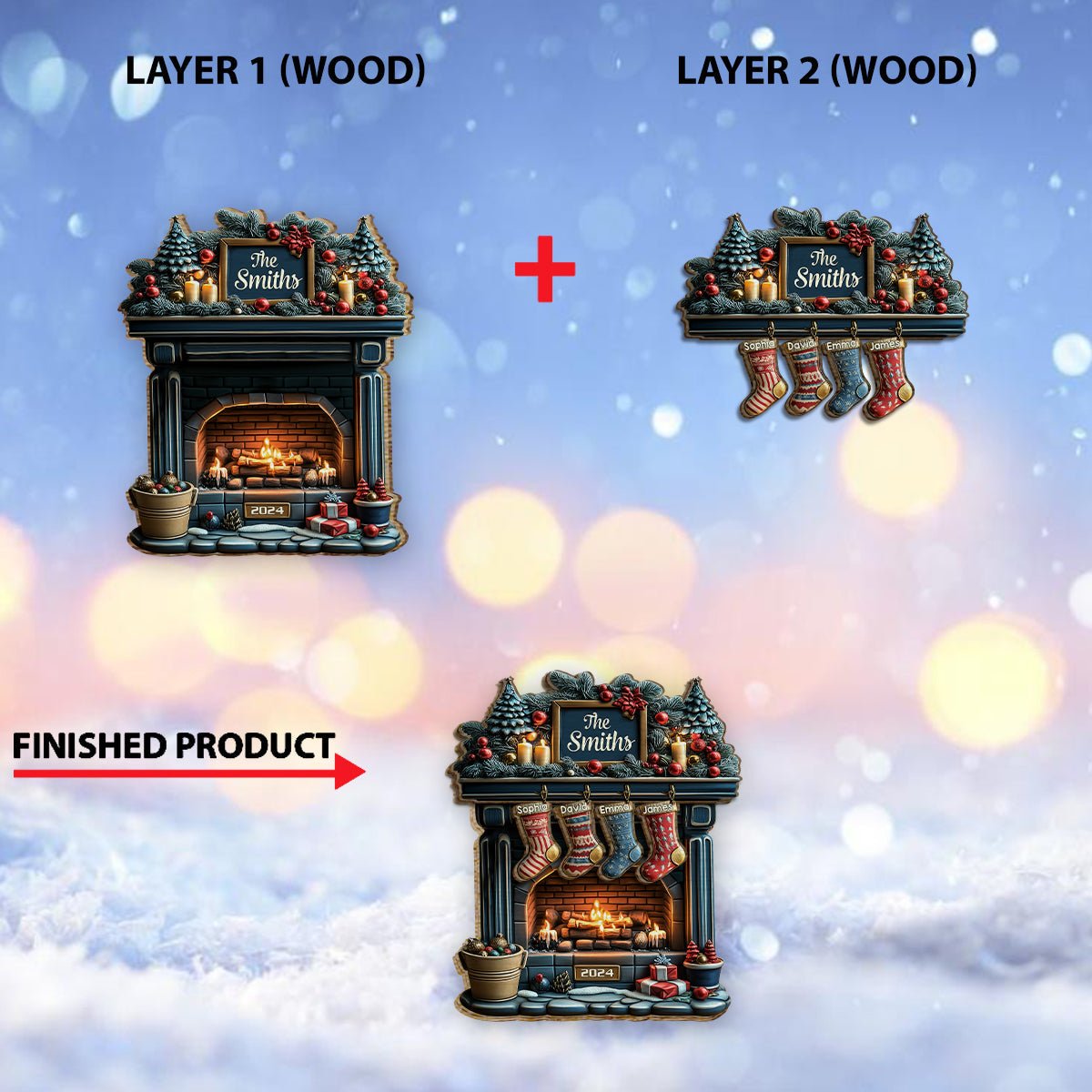 Frohe Weihnachten – Personalisiertes Familien-Holzschild (2-lagig)