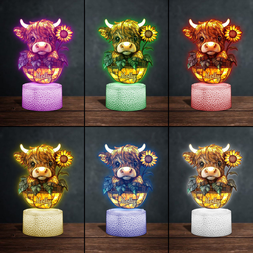 Cute Highland Cow Sunflower - Personalized Shaped Plaque Light Base
