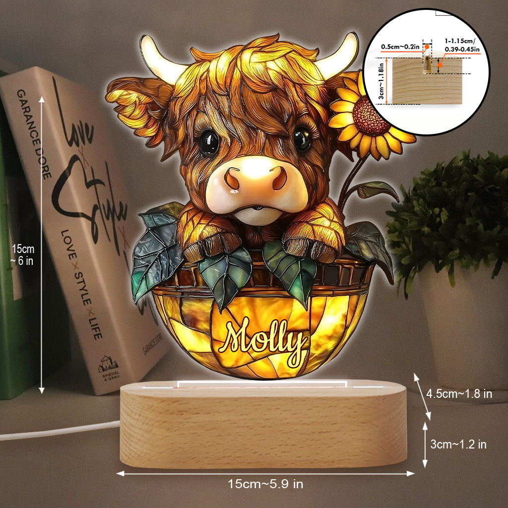 Cute Highland Cow Sunflower - Personalized Shaped Plaque Light Base