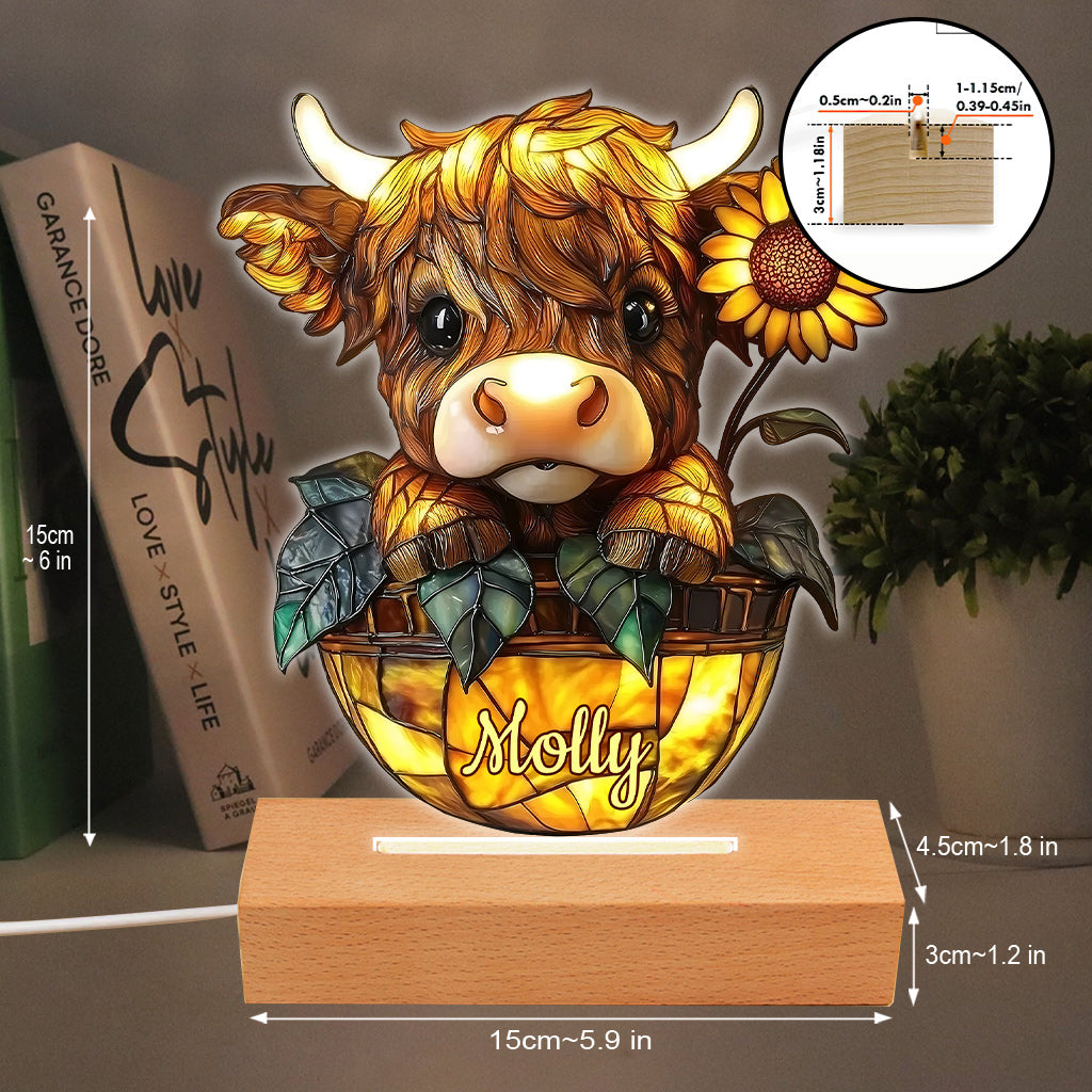 Cute Highland Cow Sunflower - Personalized Shaped Plaque Light Base