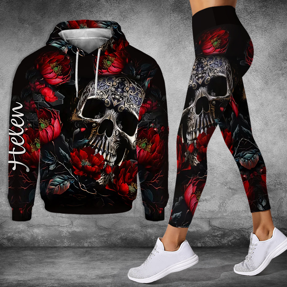 Skull And Roses – Personalisierter Totenkopf-Hoodie und Leggings