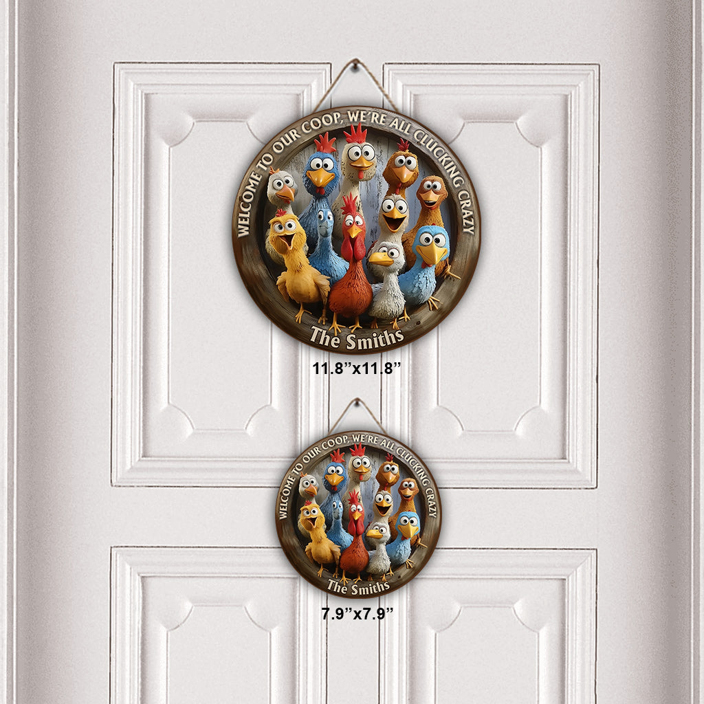 Willkommen in unserem Hühnerstall – Personalisiertes rundes Holzschild „Hühner“