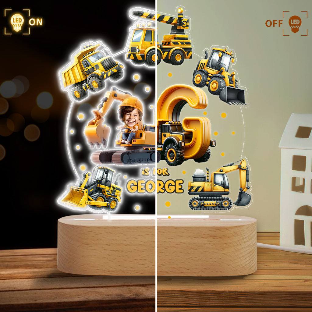 Baustellenfahrzeug-Alphabet – Personalisierte, kindgerechte Leuchtplatte