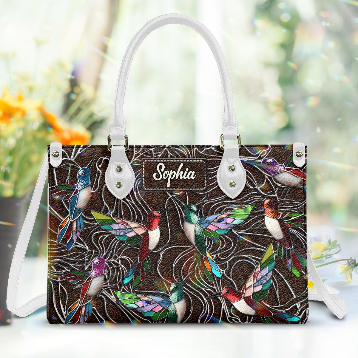 Familienmitglieder, Kolibris, wunderschöne Vögel – personalisierte Familien-Lederhandtasche