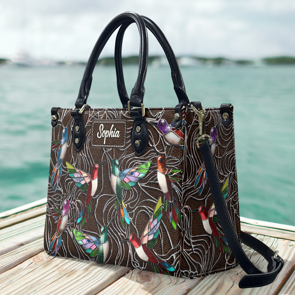 Familienmitglieder, Kolibris, wunderschöne Vögel – personalisierte Familien-Lederhandtasche