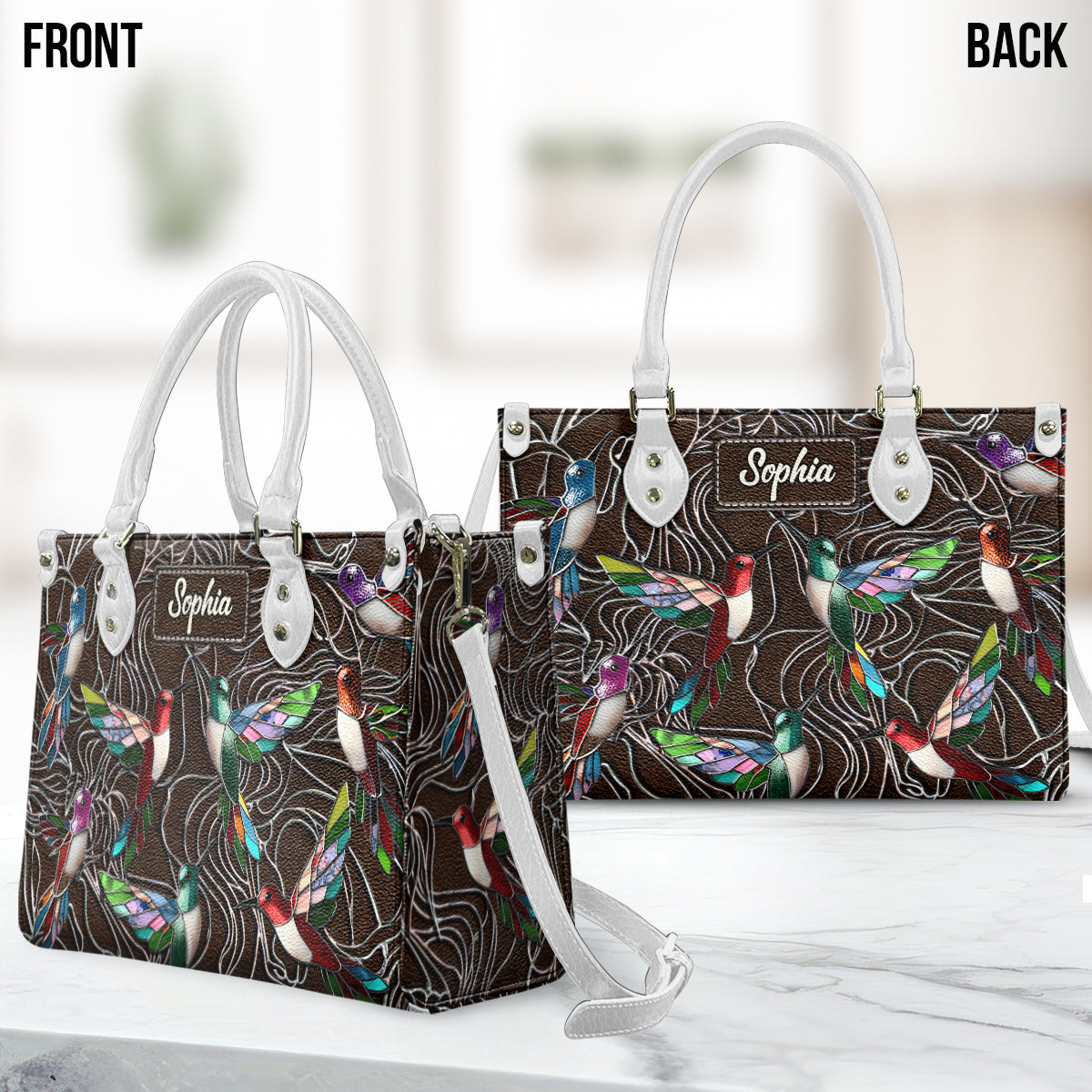 Familienmitglieder, Kolibris, wunderschöne Vögel – personalisierte Familien-Lederhandtasche