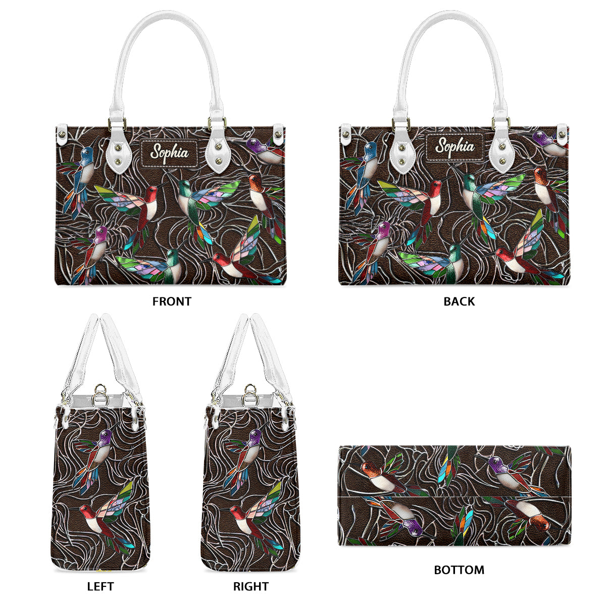 Familienmitglieder, Kolibris, wunderschöne Vögel – personalisierte Familien-Lederhandtasche