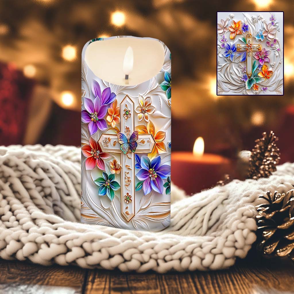 Blumenkreuz – Personalisierte christliche flammenlose Kerze