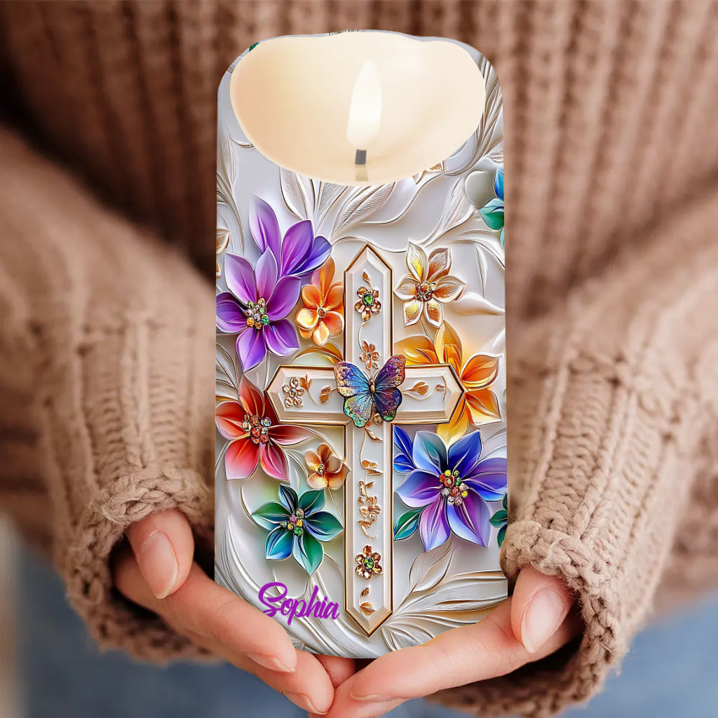 Blumenkreuz – Personalisierte christliche flammenlose Kerze