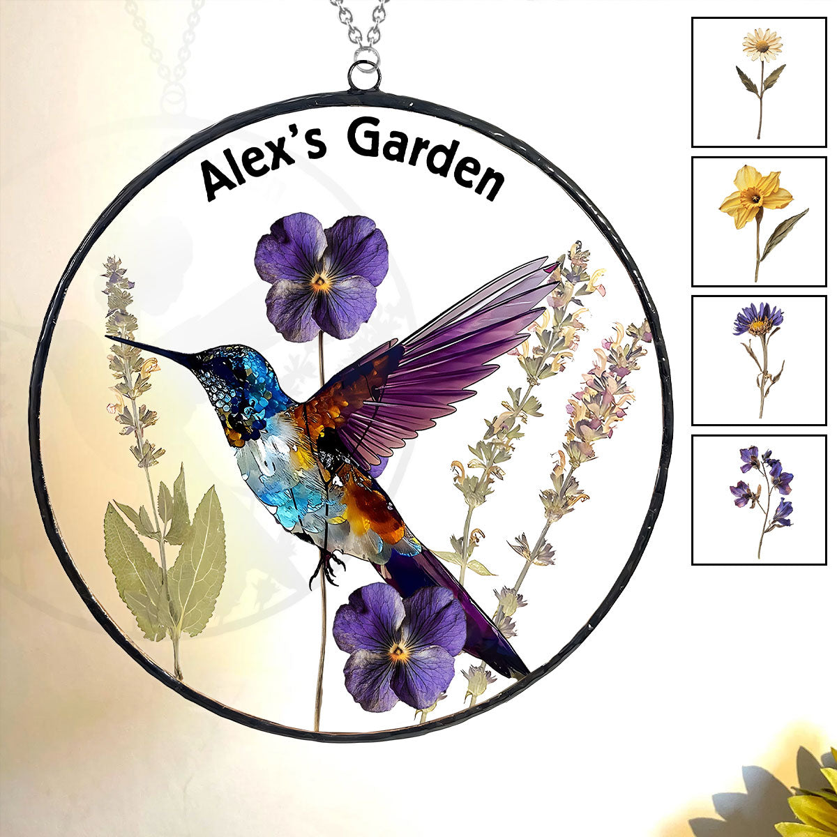 Getrocknete Geburtsblumen, atemberaubender summender Glas-Geburtsblumen-Sonnenfänger – personalisierter Garten-Fensterhänger 