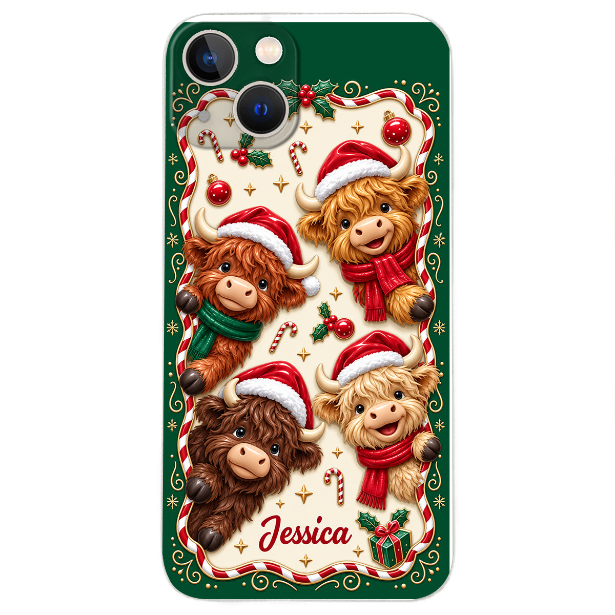 Merry Christmas Cute Highland Cows - Personalized Highland Cow 3D Embossed Leather Phone Case