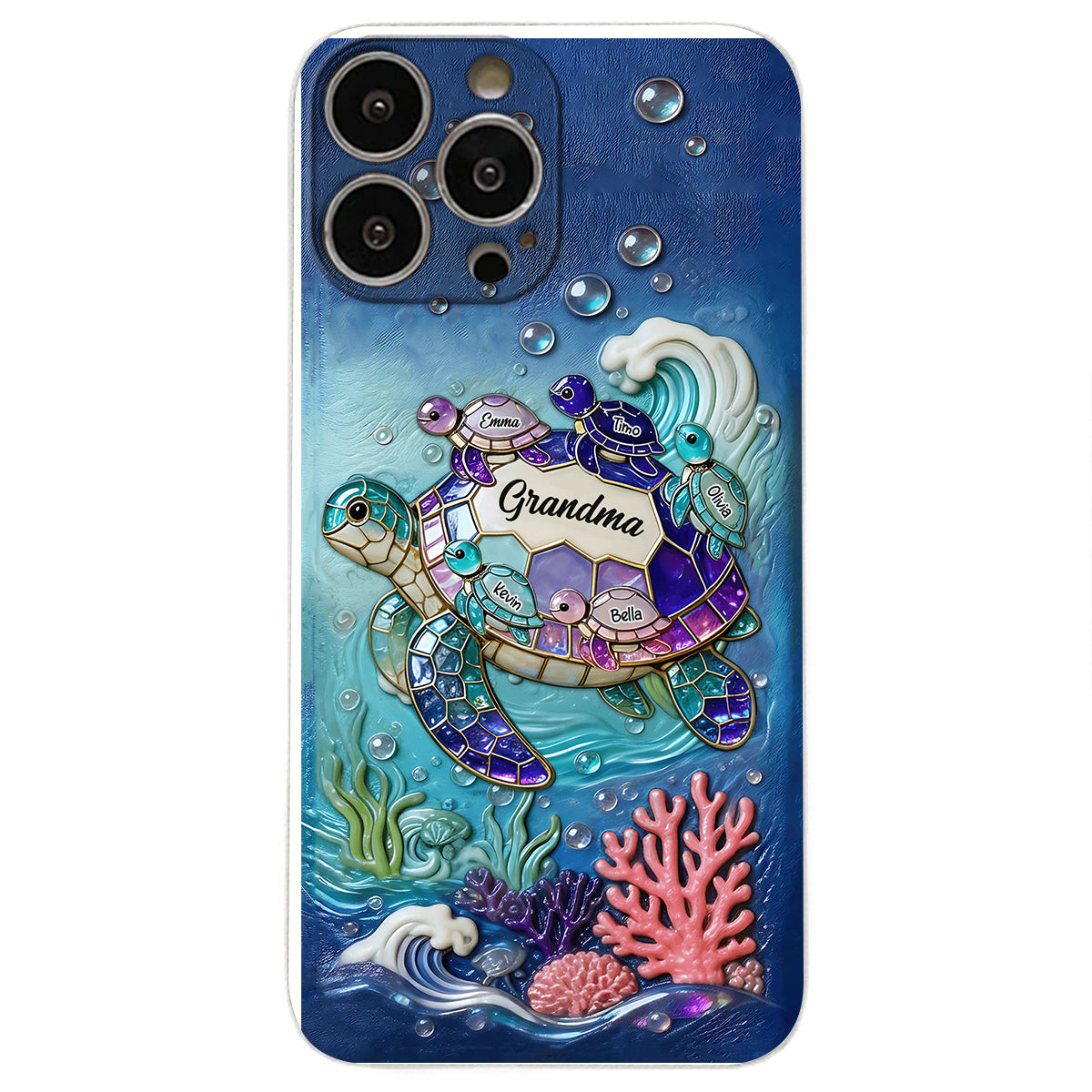 Grandma Turtle - Personalized Turtle 3D Embossed Leather Phone Case