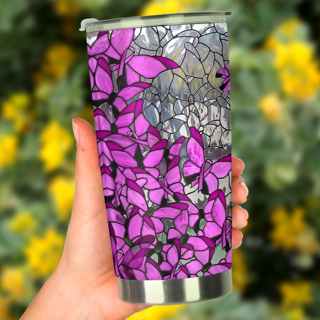 Trinkbecher mit dem Motiv „Glaube, Hoffnung, Liebe“ aus Buntglas – Brustkrebsbewusstsein (0622)