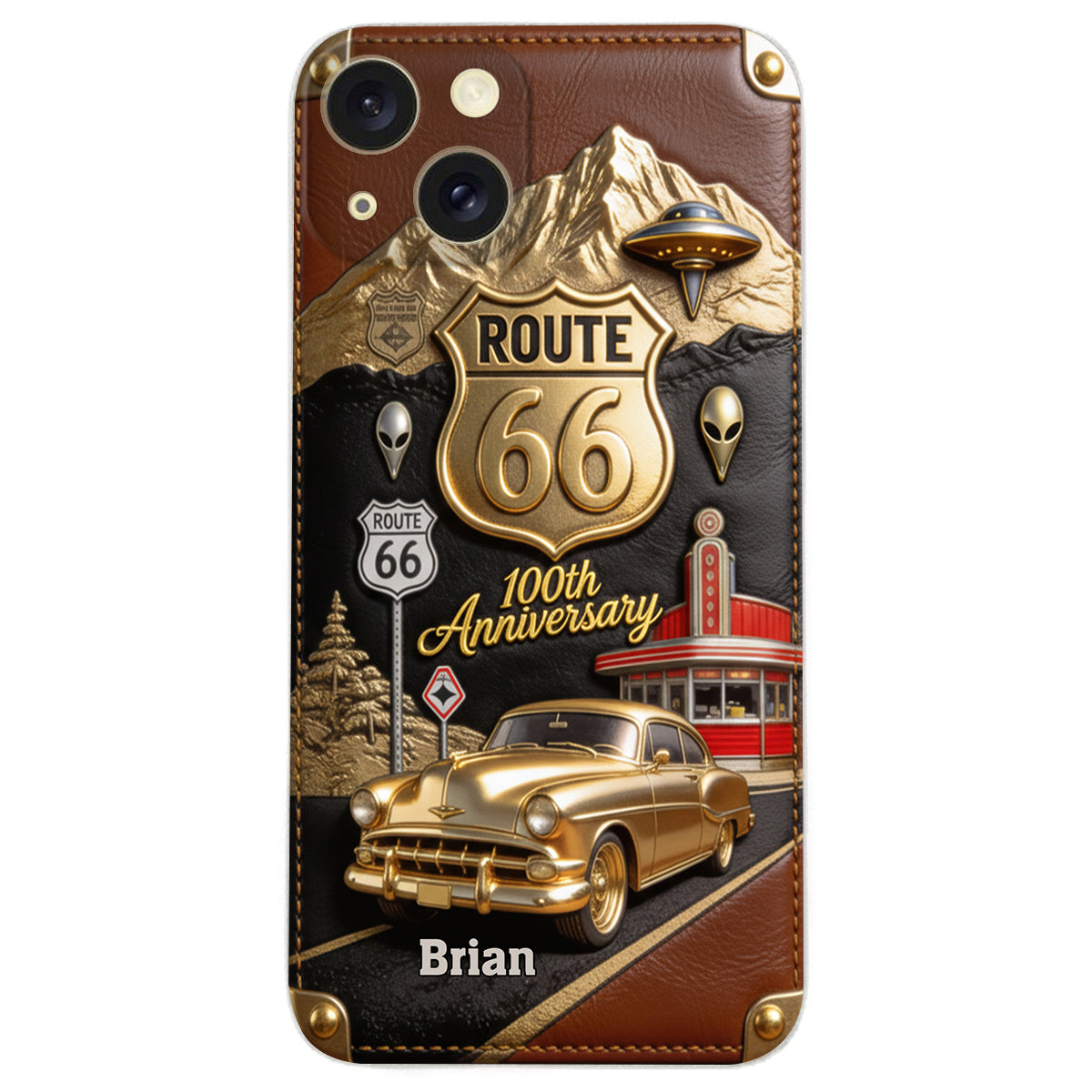 Route 66 100-jähriges Jubiläum – Personalisierte Handyhülle aus Leder für Autoliebhaber