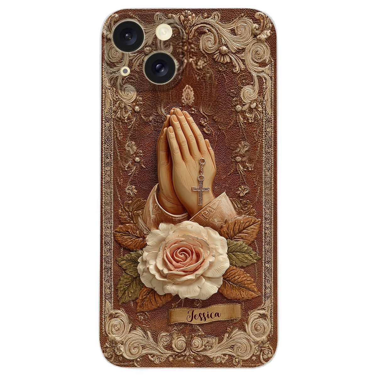 Betende Hände mit Rosen – Personalisierte christliche Handyhülle aus Leder