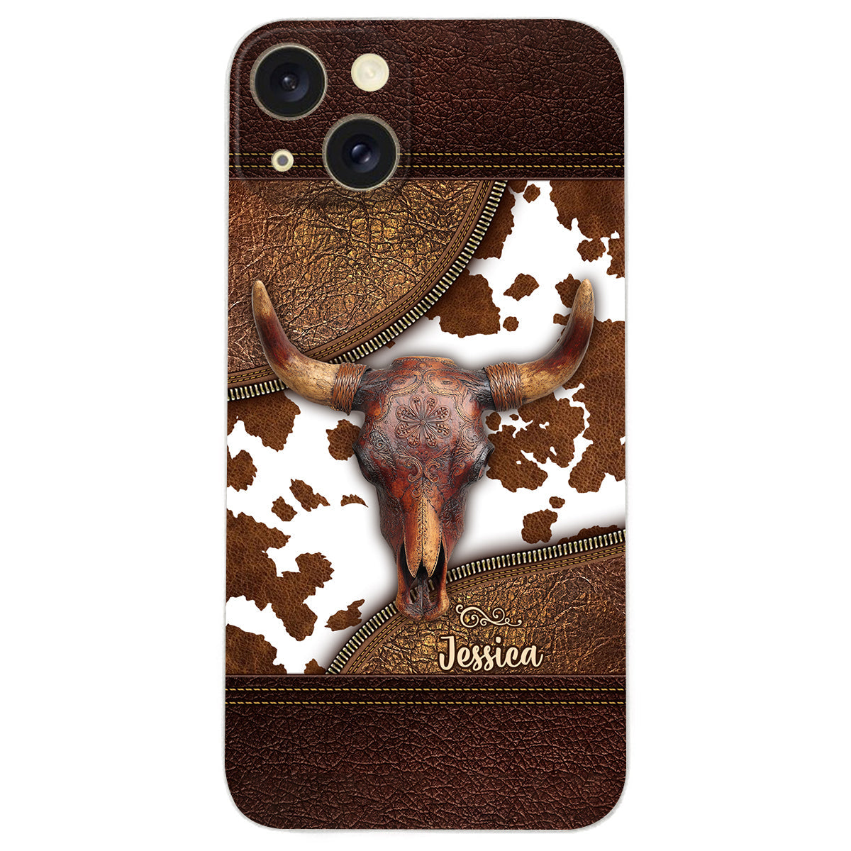 Skeleton Bull Skull - Personalized Western Leather Phone Case