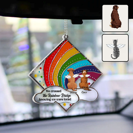 Regenbogenbrücke – Gedenkstätte für Katzen und Hunde – Personalisierter transparenter Autoanhänger für Hunde