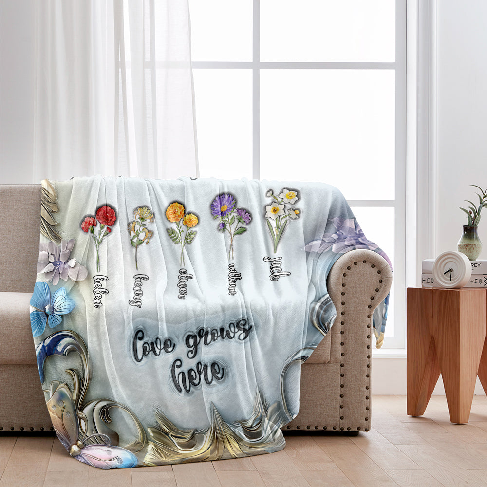 Oma mit Geburtsblume des Enkelkindes – personalisierte Oma-Decke