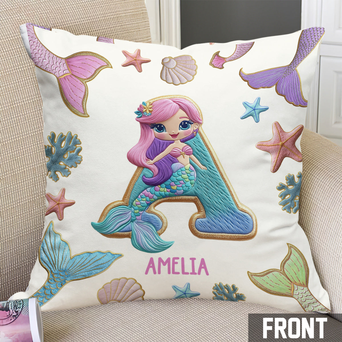 Beautiful Mermaid Alphabet - Personalized Kid Throw Pillow