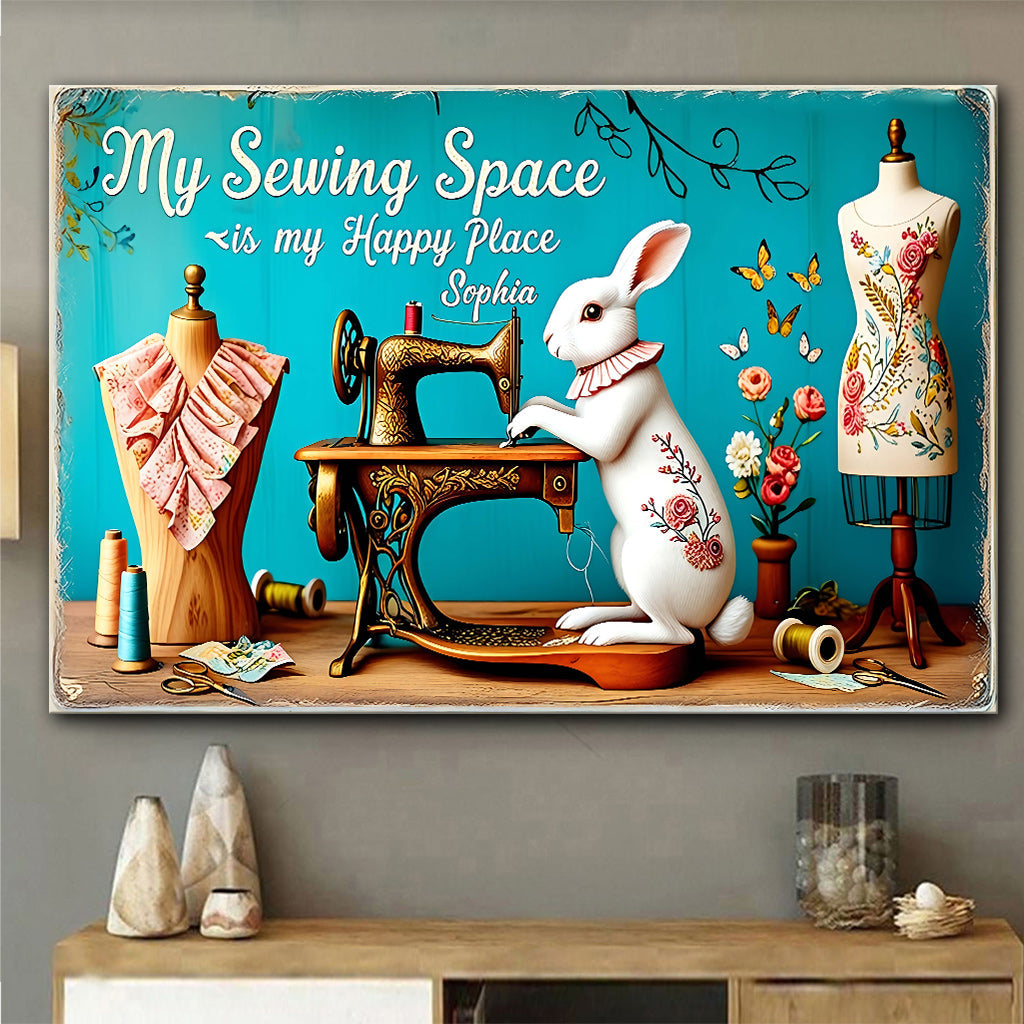 My Sewing Place Is My Happy Place - Personalized Sewing Canvas And Poster