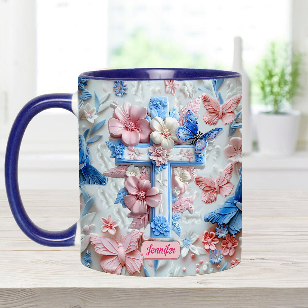 Glaube an rosa und blaue Schmetterlinge - Personalisierte Tasse mit christlichem Akzent