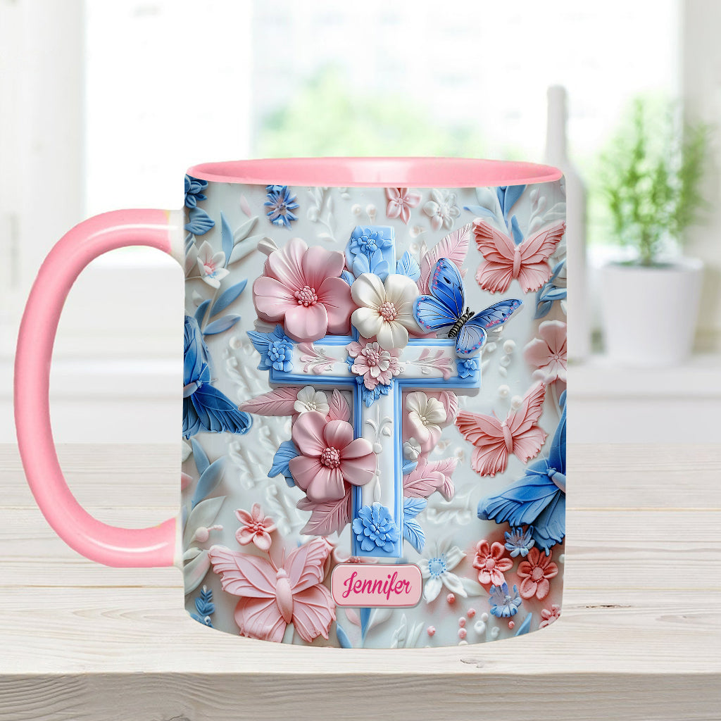 Glaube an rosa und blaue Schmetterlinge - Personalisierte Tasse mit christlichem Akzent