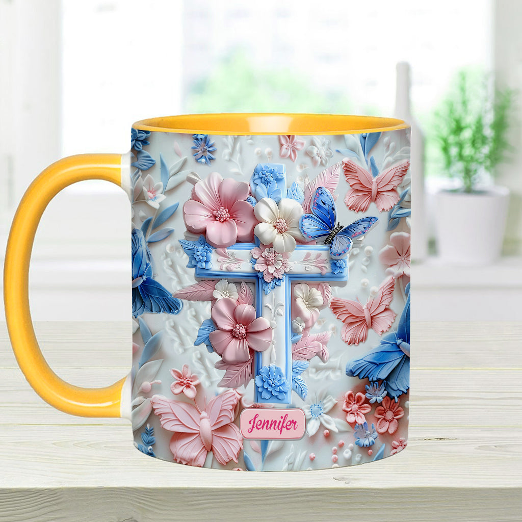 Glaube an rosa und blaue Schmetterlinge - Personalisierte Tasse mit christlichem Akzent
