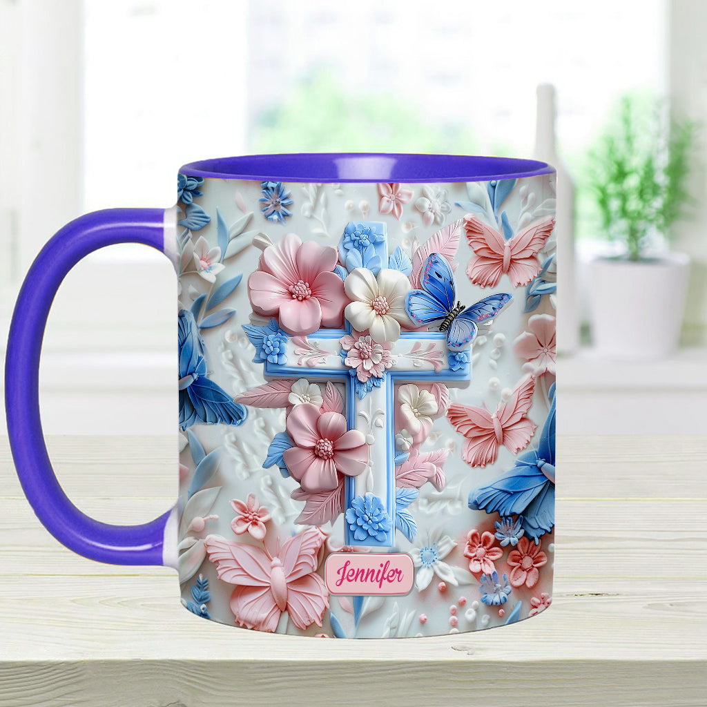 Glaube an rosa und blaue Schmetterlinge - Personalisierte Tasse mit christlichem Akzent