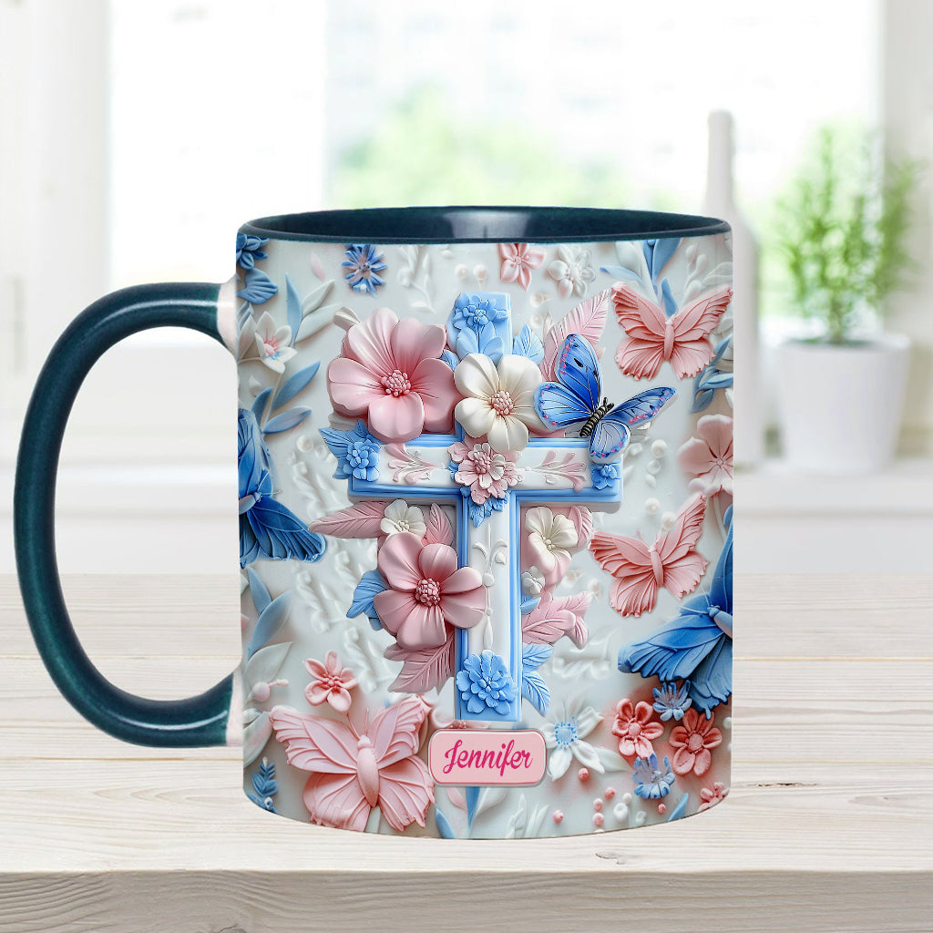 Glaube an rosa und blaue Schmetterlinge - Personalisierte Tasse mit christlichem Akzent