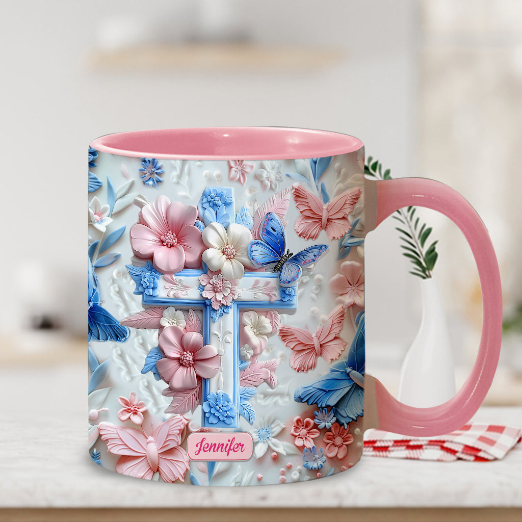 Glaube an rosa und blaue Schmetterlinge - Personalisierte Tasse mit christlichem Akzent