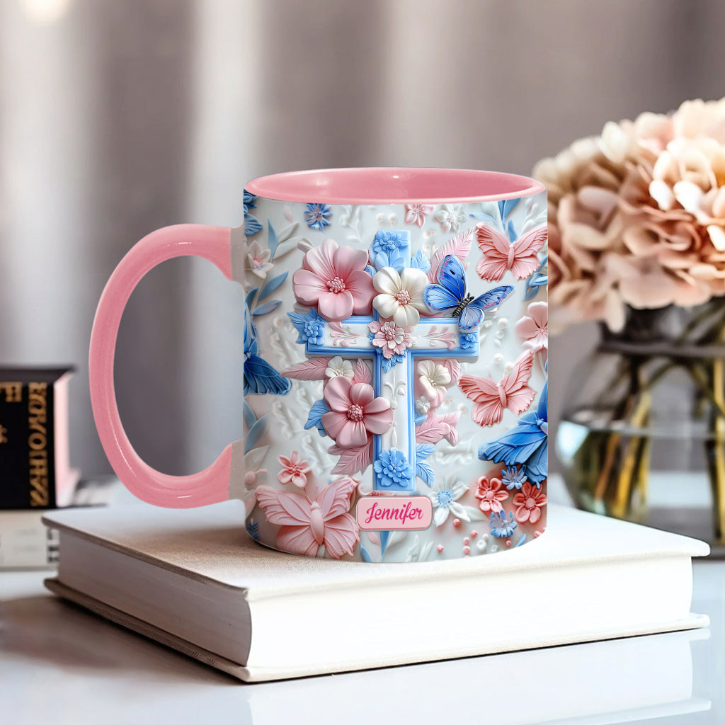 Glaube an rosa und blaue Schmetterlinge - Personalisierte Tasse mit christlichem Akzent